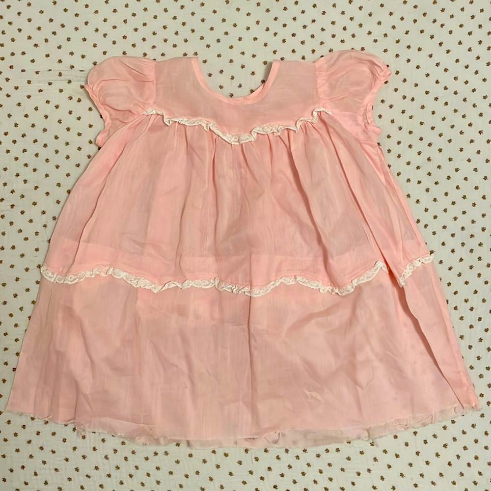 Vintage Pink Dress 2-3T 1960s Babydoll Dress White Lace Detail